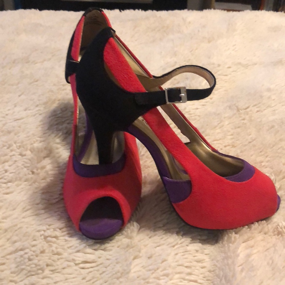 Strappy pink and purple heels